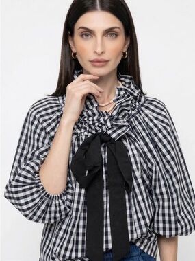 NIB. Oversized Gingham Ruffle Tie-Neck Blouse in Black & White